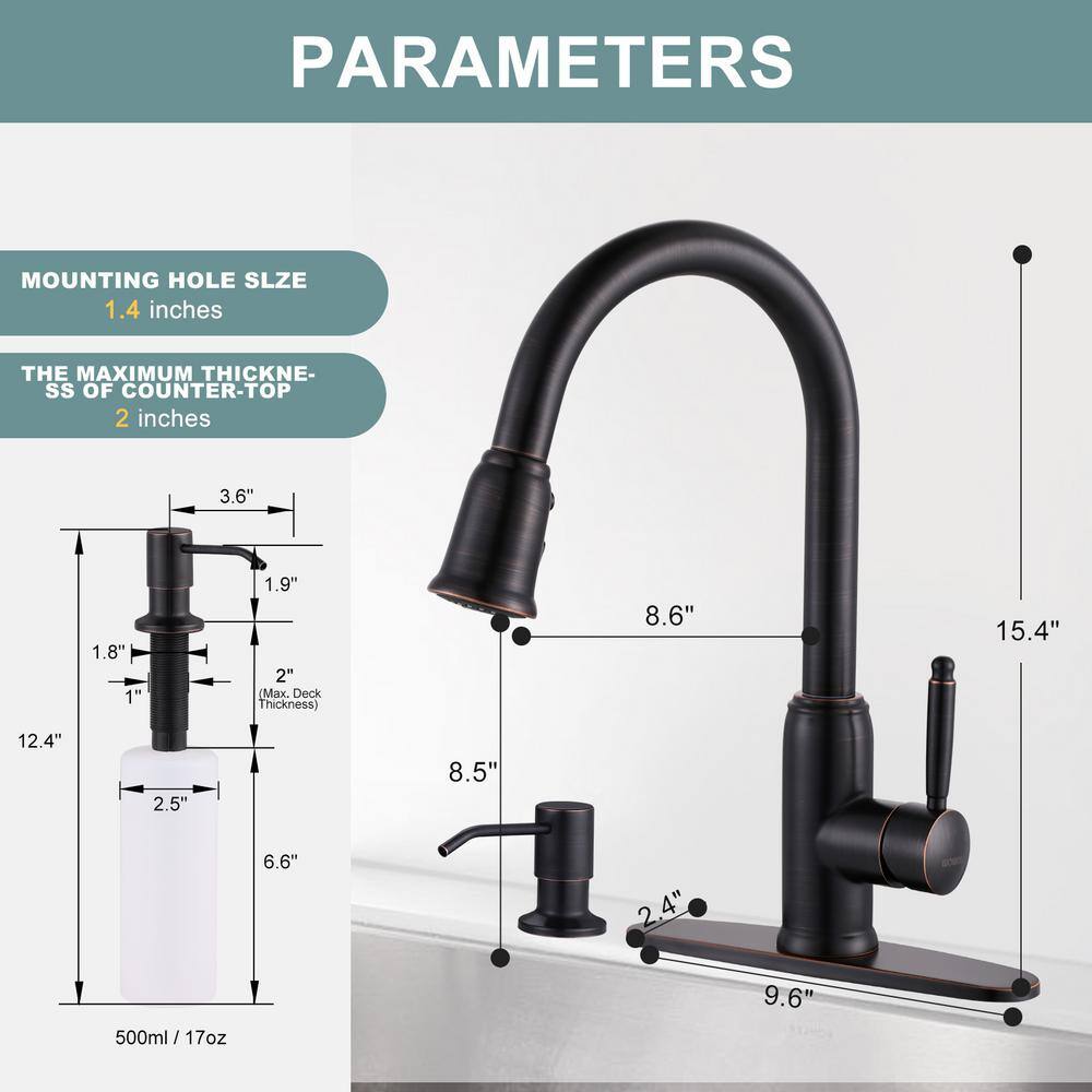 Oil Rubbed Bronze Stainless Steel Pull Down Kitchen Faucet with Soap Dispenser