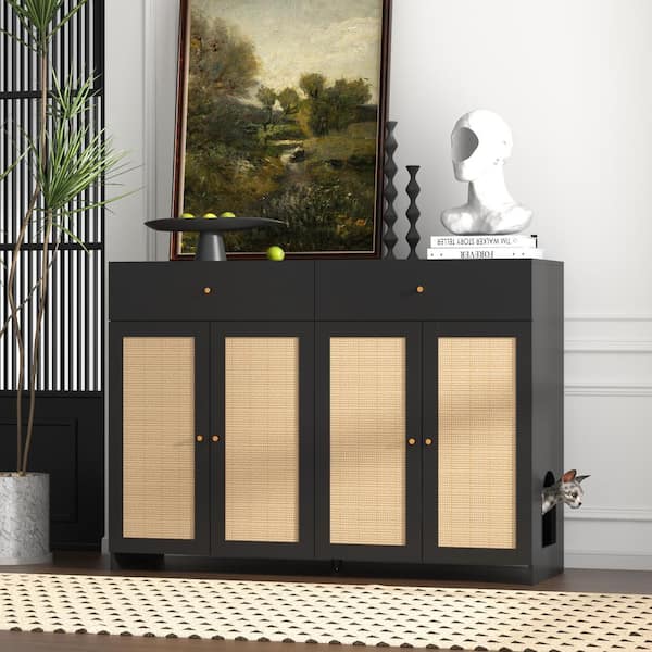 FUFU&GAGA Modern Large Cat House with Sisal Doors, Cat Litter Box Enclosure Furniture, Hidden Litter Boxes with 2-Drawers, Black