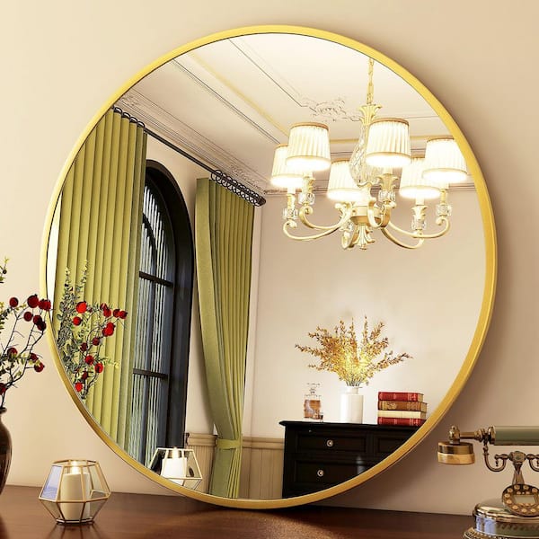 XRAMFY 24 in. W x 24 in. H Round Gold Vanity Mirror with Brushed Aluminum Alloy Frame Modern Decoration Wall Mirror