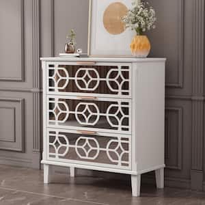 White Wooden Accent Storage Cabinet with 3-Mirrored-Drawer