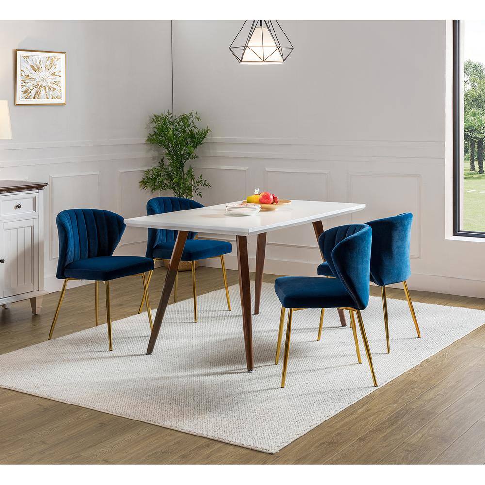 Navy Blue Velvet Upholstered Side Chair with Golden Metal Legs