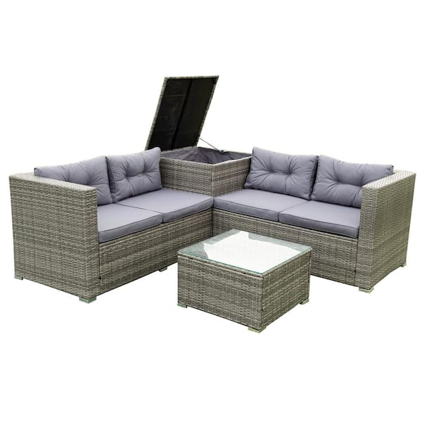 grossag 4-Piece Wicker Rattan Outdoor Sectional Sofa Set with Gray Cushions and Storage Box, GlassCoffee Table