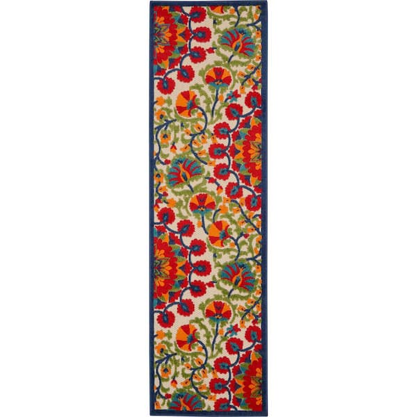 Nourison Aloha Easy-Care Red/Multicolor 2 ft. x 10 ft. Kitchen Runner Floral Modern Indoor/Outdoor Patio Area Rug
