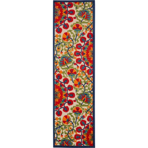 Aloha Easy-Care Red/Multicolor 2 ft. x 10 ft. Kitchen Runner Floral Modern Indoor/Outdoor Patio Area Rug