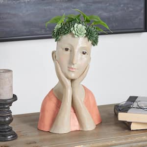 17 in. x 10 in. x 8 in. Medium Beige Resin Woman Bust Planter with Succulent Crown and Orange Top