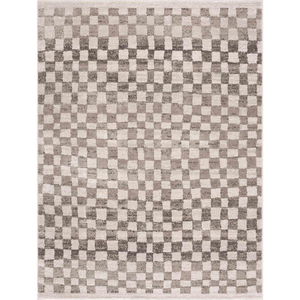 HAUTELOOM Benjy 5 ft. X 7 ft. Cream, Beige, Tan Irregular Checkboard Square Tile Contemporary Modern Distressed Area Rug