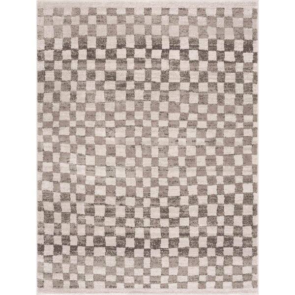 HAUTELOOM Benjy 7 ft. X 9 ft. Cream, Beige, Tan Irregular Checkboard Square Tile Contemporary Modern Distressed Area Rug