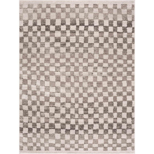Hauteloom Brown/Beige 7 ft. 10 in. x 10 ft. Pertek Checkered Square Tile Distressed Rectangle Area Rug