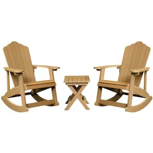 Rocky Teak Color 3-Piece Recycled Plastic Outdoor Patio Conversation Adirondack Rocking Chair Set with a Side Table