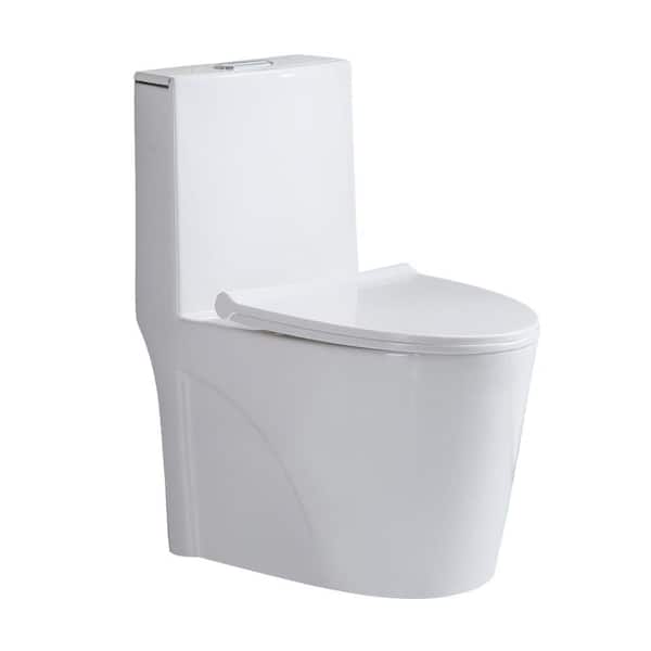 YANTENG LLC H2O 12 in. 1-Piece Compact Elongated Toilet 1.1/1.6 GPF Dual Flush in White with Skirted Trapway and Soft Close Seat
