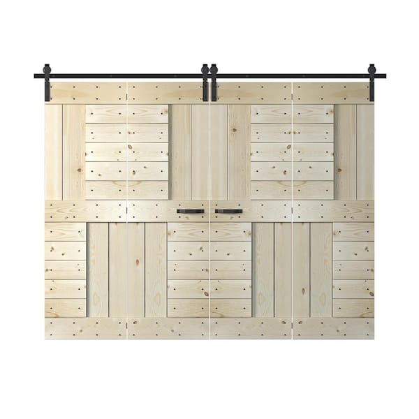 COAST SEQUOIA INC Coast Sequoia 60 in. x 84 in. Embossing S Series Unfinished Solid Pine Wood Bi-Fold Barn Door with Sliding Hardware Kit