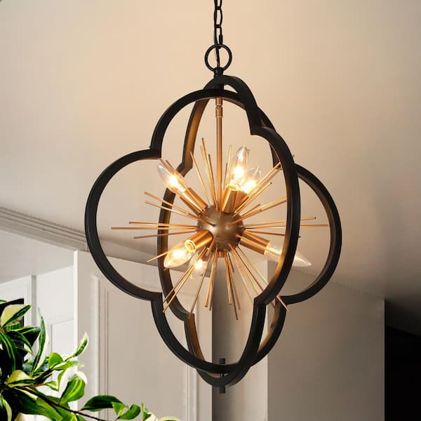 20 in. 6-Light Farmhouse Dark Gold Pendant Light, Modern Black DIY Sputnik Chandelier, Dining Room Pendant Hanging Light