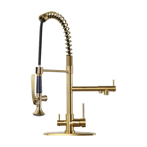 22.3 in. Commercial Double Handle Brass Pre-Rinse Spring Pull Down Sprayer Kitchen Faucet with 360° Swing Spout in Gold
