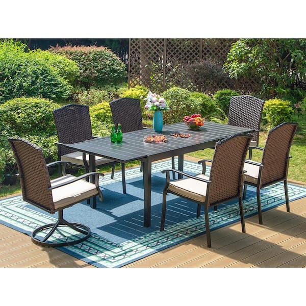 PHI VILLA Black 7-Piece Metal Patio Outdoor Dining Set with Expandable Table and Rattan Chairs with Beige Cushion