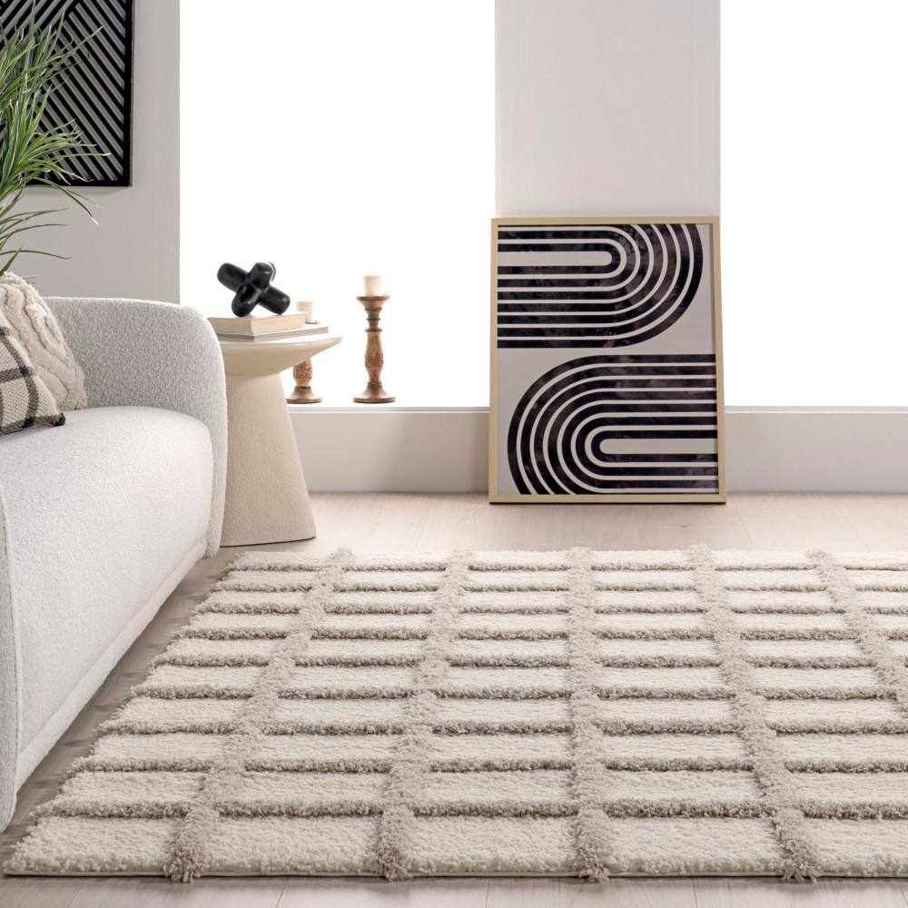 Beige and Gray Checkered Synthetic Shag Area Rug, 4' x 6'