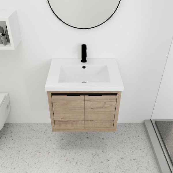 Unbranded 24 in. W x 18.11 in. D x 20.5 in. H Wall Mount Floating Bath Vanity in Imitative Oak with White Resin Top