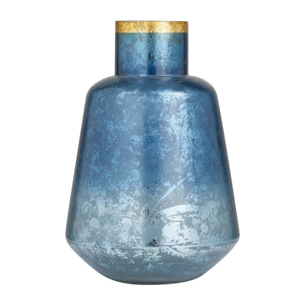 Elegant Blue and Silver-White Glass Vase with Gold Rim Accent, 14"