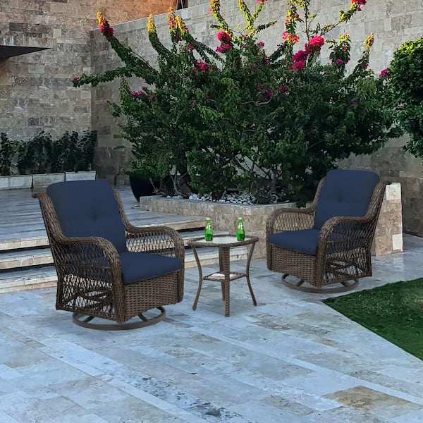 MEOOEM 3-Piece Outdoor Brown Wicker Patio Conversation Set with Blue Cushions, Swivel Rocking Chairs and Glass Top Table