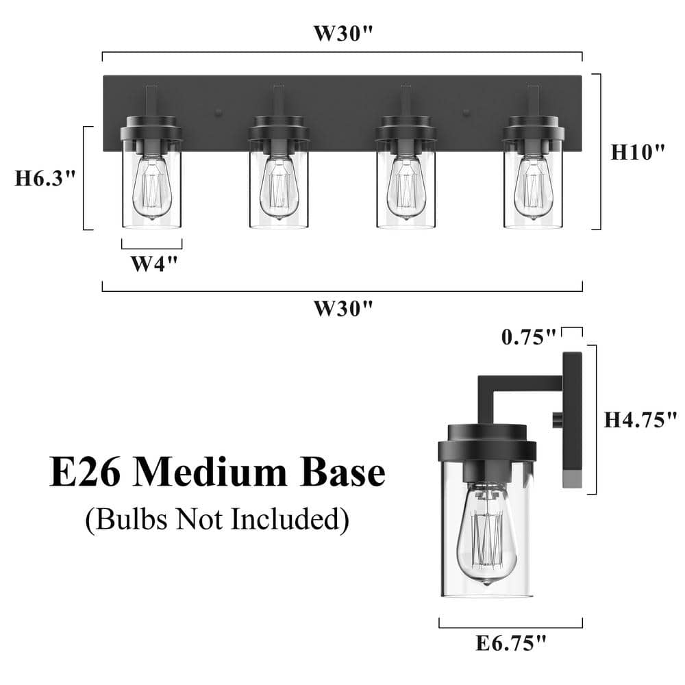 Black 4-Light Dimmable Cylinder Vanity Light with Glass Shades
