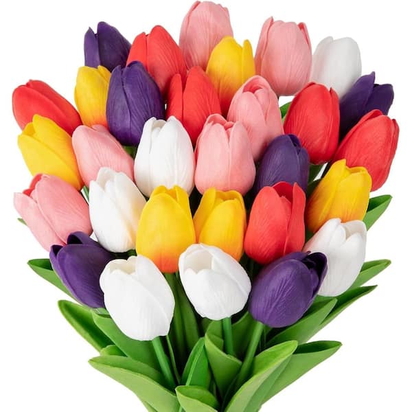 30PCS Artificial Tulip Flowers 13.7 in Real Touch Fake Tulips Spring Faux Flowers(Multi-Colored)