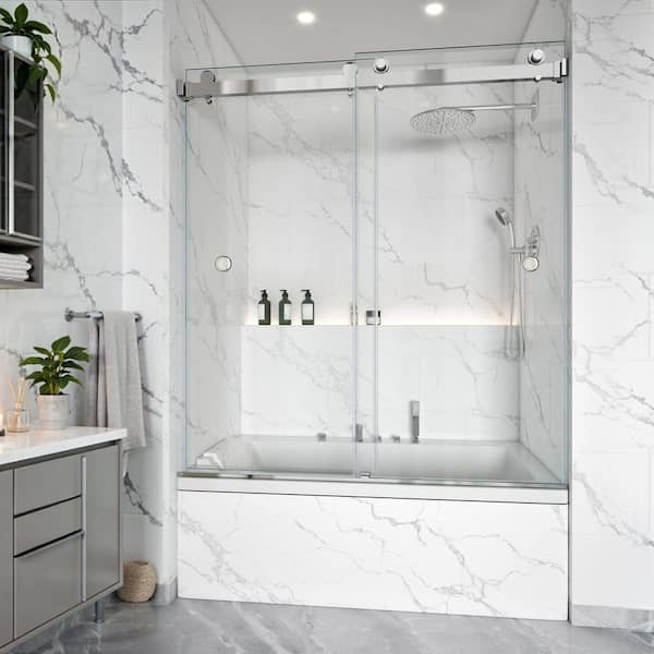 56-61 in. W x 60 in. H Double Sliding Frameless Tub Door in Chrome with 3/8 in. Clear Tempered Glass, 2-Finger Pulls