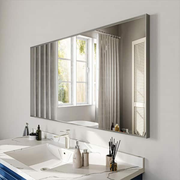 55 in. W x 30 in. H Silver Aluminum Rectangle Framed Tempered Glass Wall-Mounted Bathroom Mirror