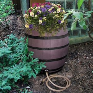 50 Gal. Brown Flat Back Whiskey Rain Barrel with Integrated Planter and Diverter System with Black Accent Bands