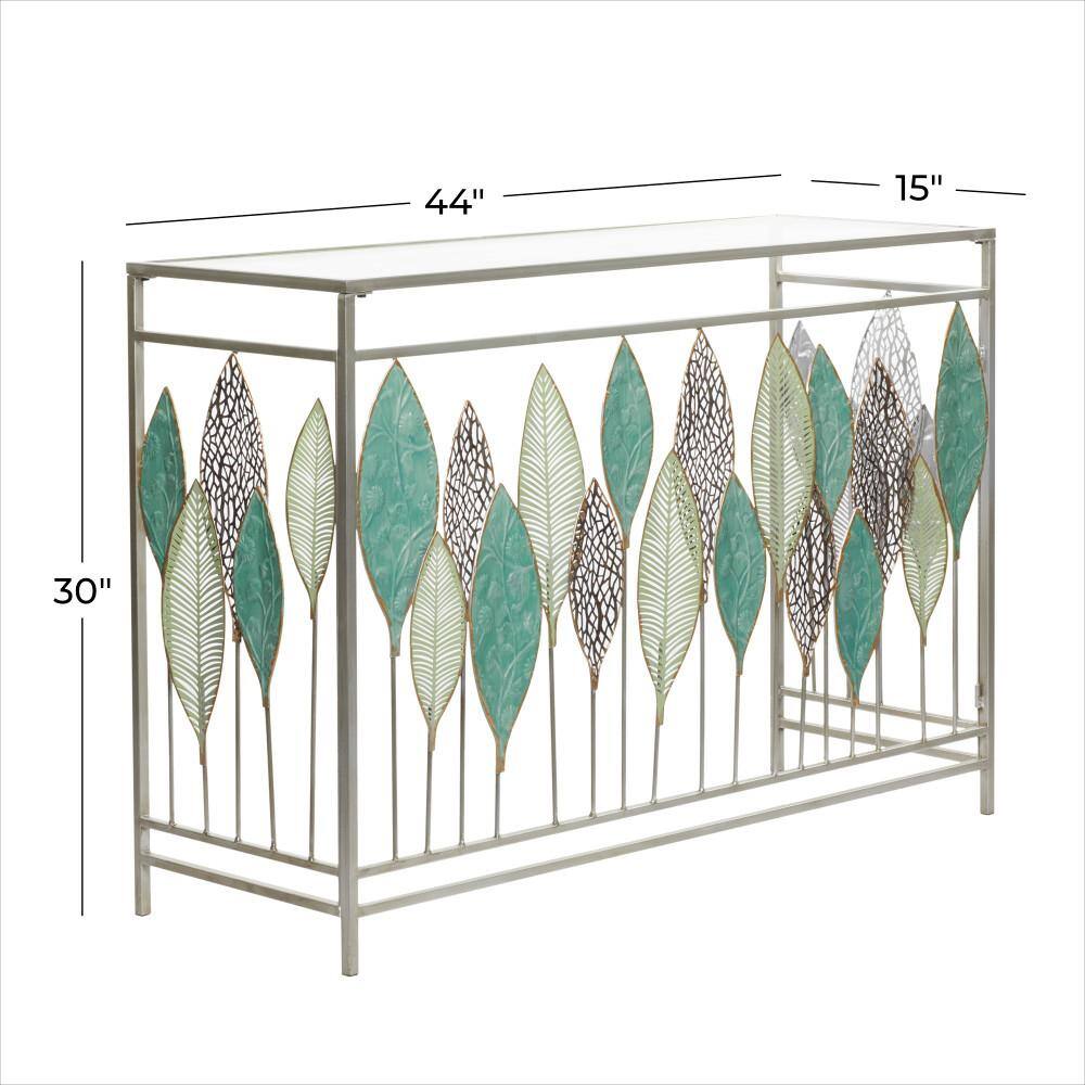 Silver Metal and Glass Console Table with Leaf Design