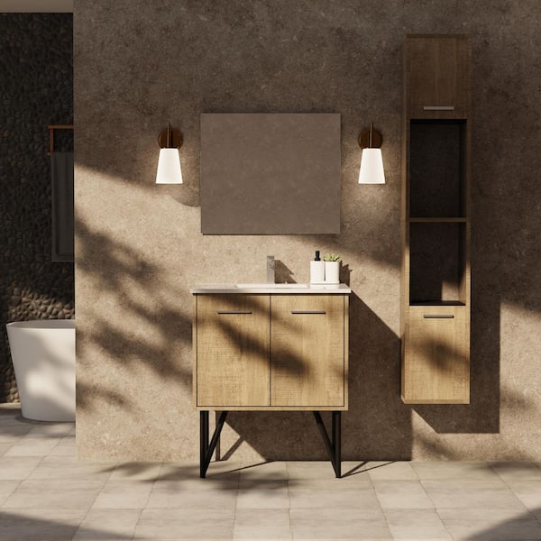 Lancy 30 in W x 20 in D Rustic Acacia Bath Vanity, White Quartz Top, Gun Metal Faucet Set and 28 in Mirror