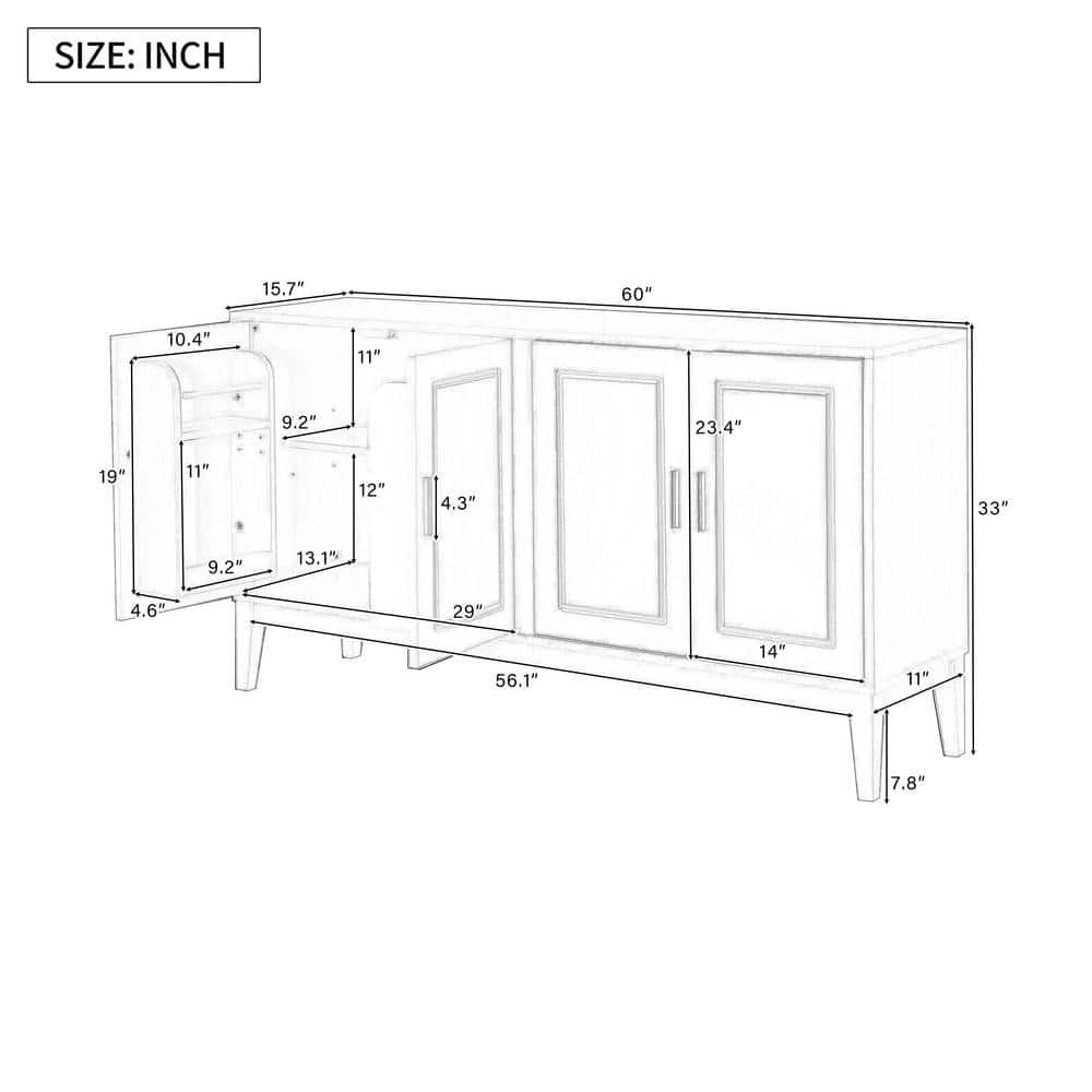 White 60" Modern 4-Door Wood Sideboard with Adjustable Shelves