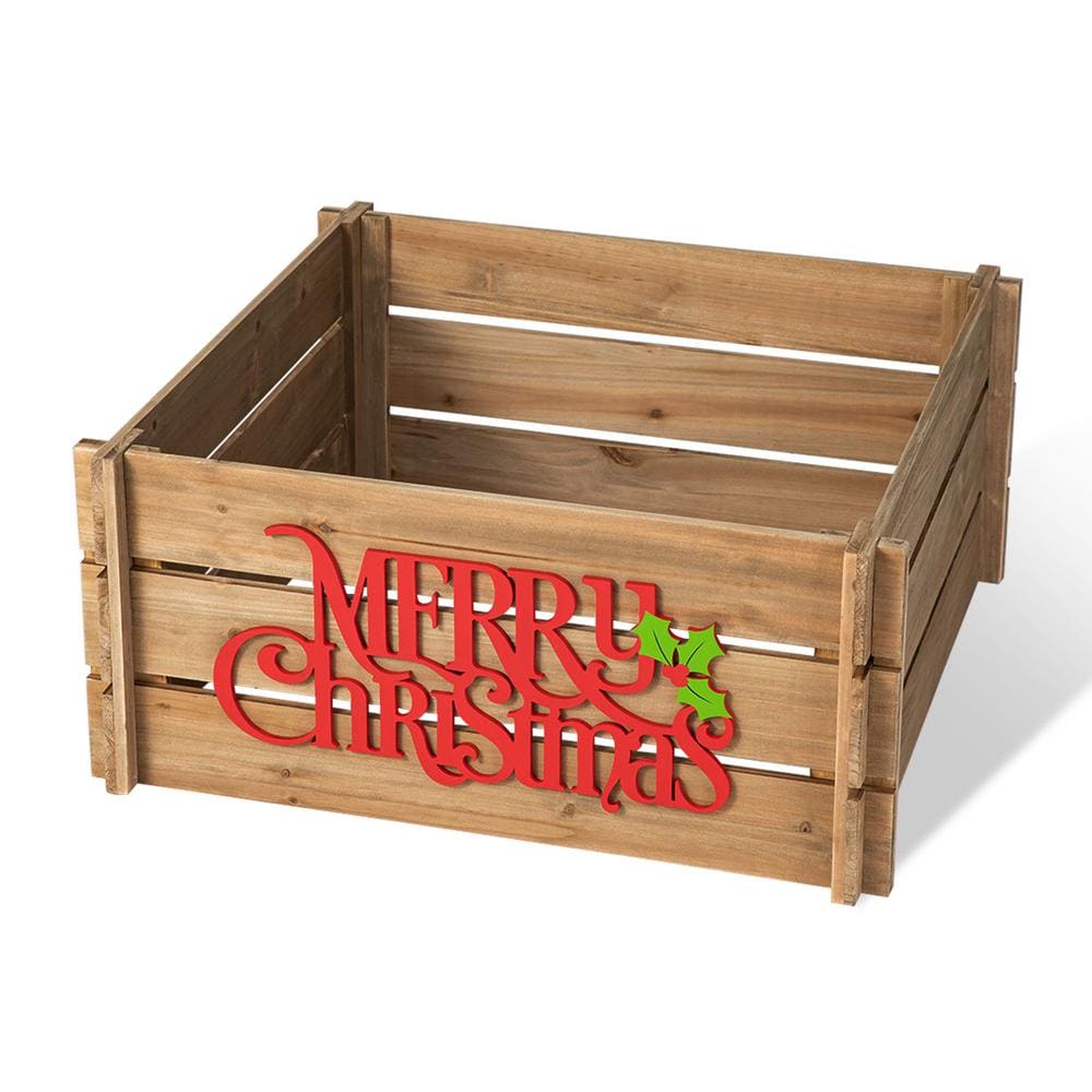 Glitzhome 24 in. L Natural Wooden "MERRY CHRISTMAS" Solid Wood Crate Tree Collar