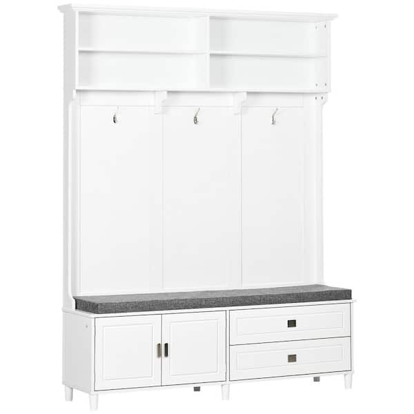 CSC DECOR INC White Hall Tree with Cushioned Storage Bench, Entryway Bench Coat Rack with Storage Shelves, Cabinet and Drawers