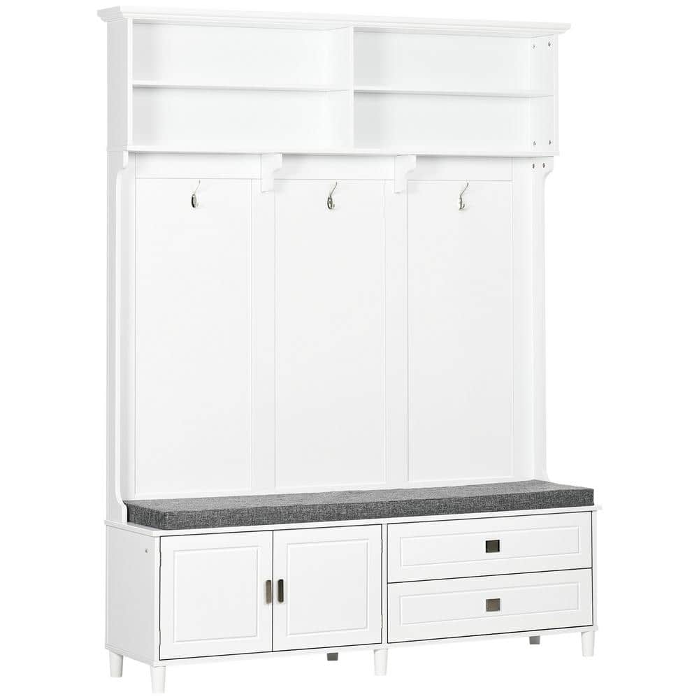 White Hall Tree with Cushioned Storage Bench, Entryway Bench Coat Rack with