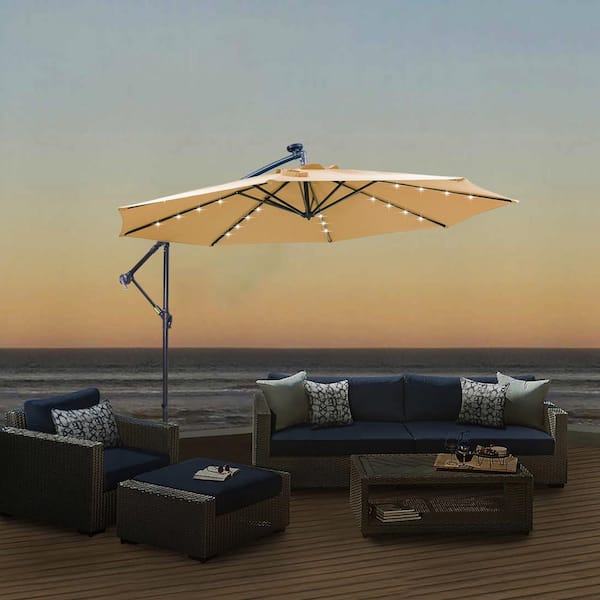 Tunearary 10 ft. Outdoor Hanging Cantilever Patio Umbrella With 32 Solar LED Lights in Brown