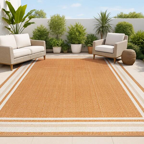 Orange/Cream 8 ft. x 10 ft. James Modern Border Stripe Indoor/Outdoor Area Rug