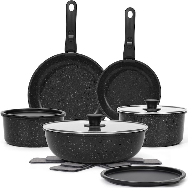 15-Piece Aluminum Pots and Pans Set Non Stick, Cookware Sets with Detachable Handle, Oven Safe, Induction Fast, Black