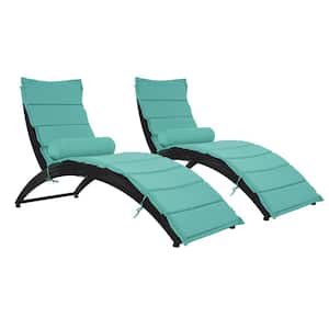 Black 2-Piece Wicker Outdoor Foldable Chaise Lounge with Blue Cushion and Pillow