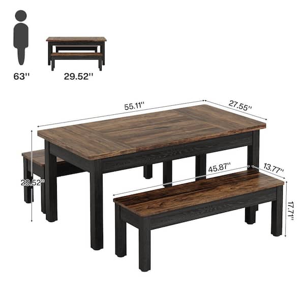 3-Piece Rectangle Black and Brown Wood Top Dining Room Set Seats-4, Dining Table Set with 2-Dining Benches