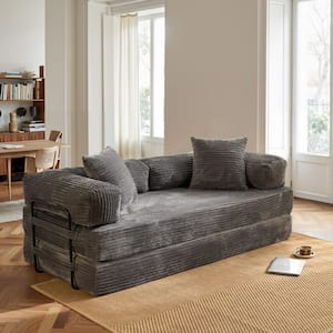 Mega 80 in. Gray Corduroy King Size Convertible Sleeper Loveseat Lounge Modular Folding Sofa Bed with Pillow