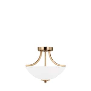 Geary 2-Light Satin Brass Dual Semi-Flush Mount Convertible Pendant with Satin Etched Glass Shade