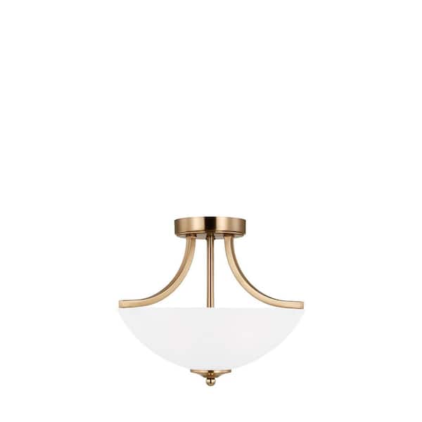 Generation Lighting Geary 2-Light Satin Brass Dual Semi-Flush Mount Convertible Pendant with Satin Etched Glass Shade