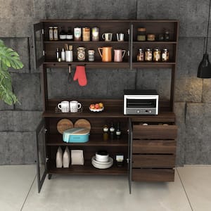 Glass Doors Brown Large Pantry Kitchen Cabinet Buffet With Hutch, 4-Drawers, Hooks 74.8 in. H x 63 in. W x 15.7 in. D