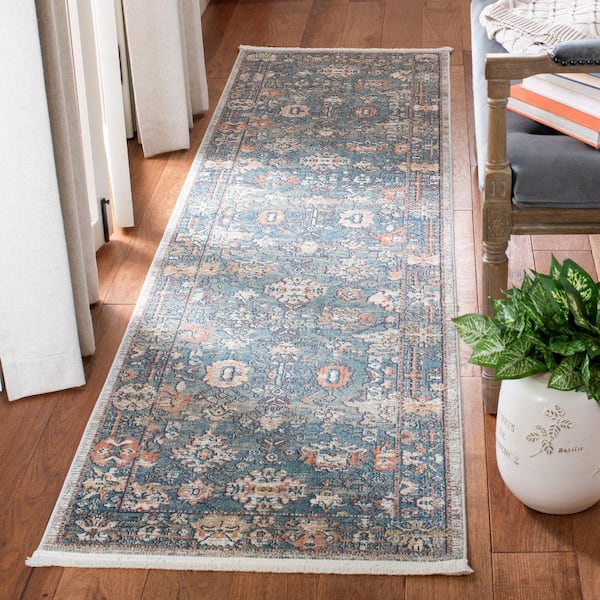 Victoria 2 ft. x 10 ft. Blue/Ivory Distressed Floral Runner Rug