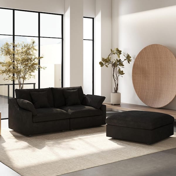 82.6 in. Square Arm Plush Linen 3-Piece Loveseat Cloud Couch Modular Sectional Sofa with Ottoman in Black