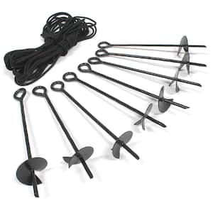 King Canopy 8-Piece Ground Anchor Kit,15-inch Steel Powder Coated, Auger Style w/80 feet of Rope, Black, A8200