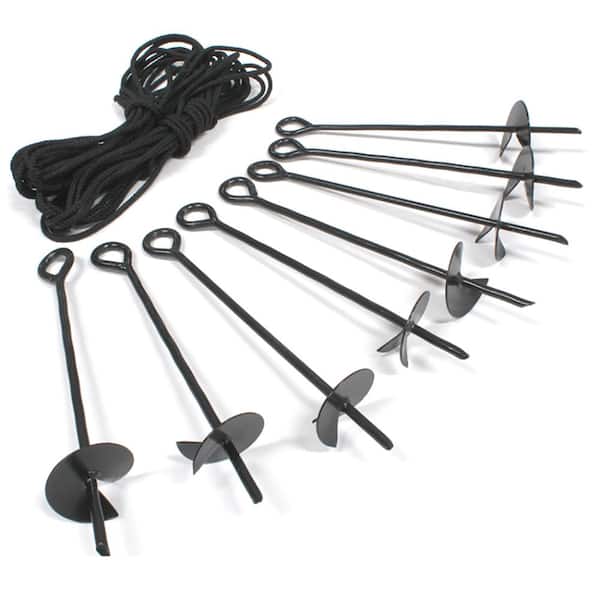 King Canopy King Canopy 8-Piece Ground Anchor Kit,15-inch Steel Powder Coated, Auger Style w/80 feet of Rope, Black, A8200