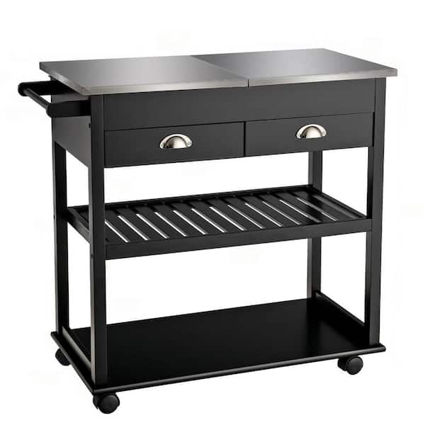 Bunpeony Black Rolling Kitchen Cart with Double-Drawer Storage and Open Shelves(34.5 in. W)