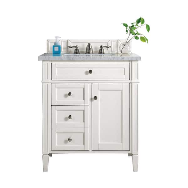 James Martin Vanities Brittany 30 in. W x 23.5 in.D x 34 in. H Single Vanity in Bright White with Solid Surface Top in Arctic Fall