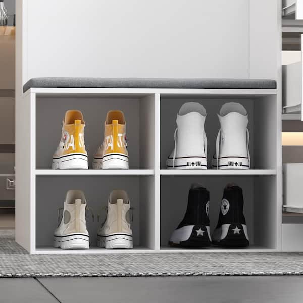 FUFU&GAGA 9-Drawers White Shoe Storage Bench with Seat, Glass Top