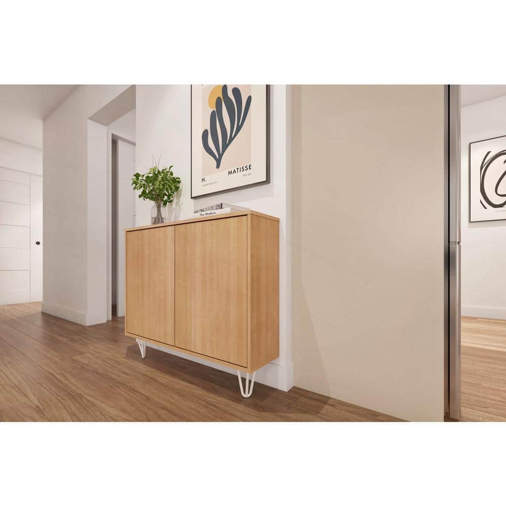 Golden Maple Slim 2-Door Storage Cabinet with Adjustable Shelving